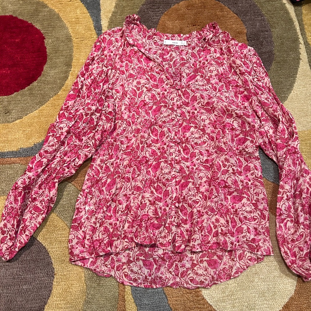 Mango Pink Red Floral Print Long Sleeve Blouse Top Button Down Shirt Women’s 4